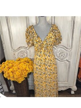 Sincerly Jules Yellow Floral Midi Dress with Knot Front